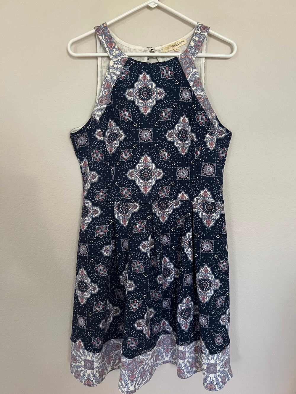 Rewind Keyhole Back Summer Dress XL Blue & Pink Pattern